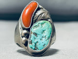 Heavy Mens Vintage Native American Navajo Turquoise Coral Sterling Silver Ring Old-Nativo Arts