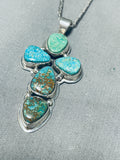 Inspirational Native American Navajo 5 Pilot Mountain Turquoise Sterling Silver Cross Necklace-Nativo Arts