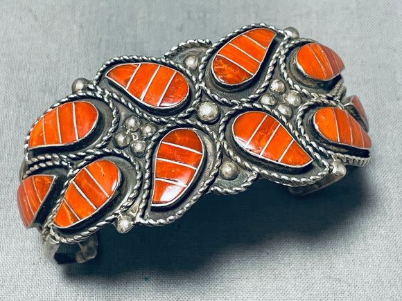 One Of The Best Vintage Native American Zuni Coral Inlay Sterling Silver Bracelet-Nativo Arts