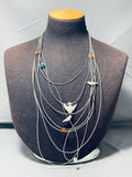 Rare Vintage Native American Zuni Turquoise Coral Mop Bird Fetish 8 Strands Silver Necklace-Nativo Arts