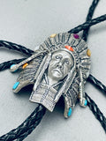 Detailed Vintage Southwest Sterling Silver Inlay Bolo Tie-Nativo Arts