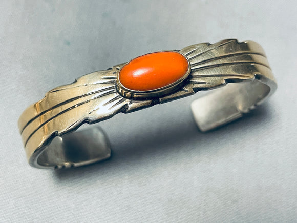 Important Vintage Native American Navajo Gold And Coral Sterling Silver Bracelet-Nativo Arts