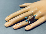 Whimsical Vintage Native American Navajo Turquoise Jet Shell Sterling Silver Turtle Ring-Nativo Arts