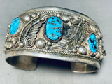 Big Large Wrist Vintage Native American Navajo Turquoise Sterling Silver Leaf Bracelet-Nativo Arts