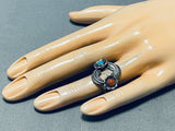 Rare Circle Leaves Vintage Native American Navajo Turquoise Coral Sterling Silver Ring-Nativo Arts