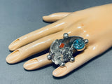 Huge Native American Navajo Turquoise Coral Sterling Silver Bear Ring-Nativo Arts