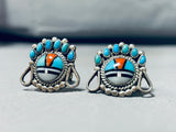 One Of Best Native American Navajo Blue Gem Turquoise Coral Inlay Silver Cuff Links-Nativo Arts
