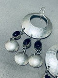 Fantastic Vintage Native American Navajo Black Onyx Hammered Sterling Silver Earrings-Nativo Arts