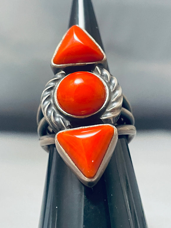 Eye Catching Vintage Native American Navajo Coral Sterling Silver Ring-Nativo Arts