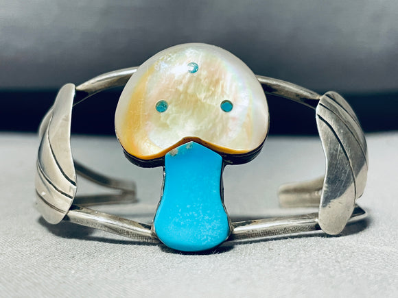 One Of A Kind Mushroom Vintage Native American Zuni Turquoise Inlay Sterling Silver Bracelet-Nativo Arts