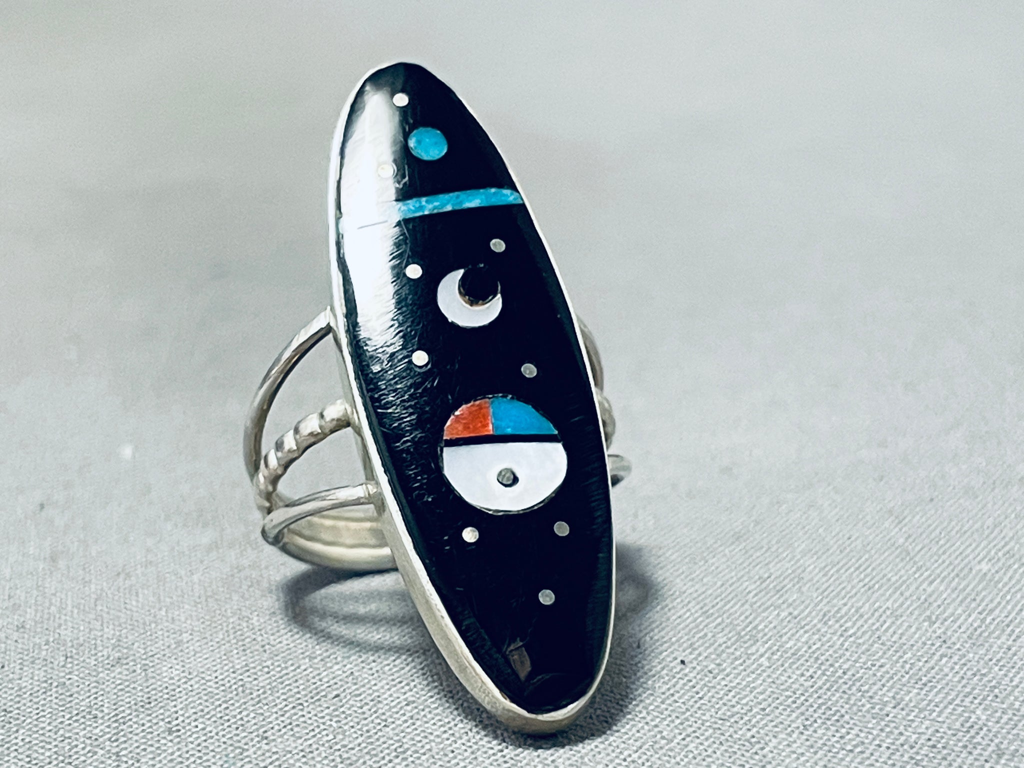 Handmade Native American Navajo inlay jet Sterling Silver 2024 band ring Size 6 stamped