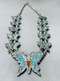 Gasp! Vintage Native American Navajo Butterfly Turquoise Sterling Silver Squash Blossom Necklace-Nativo Arts