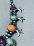 Native American Womens Green Turquoise Vintage Sterling Silver Squash Blossom Necklace
