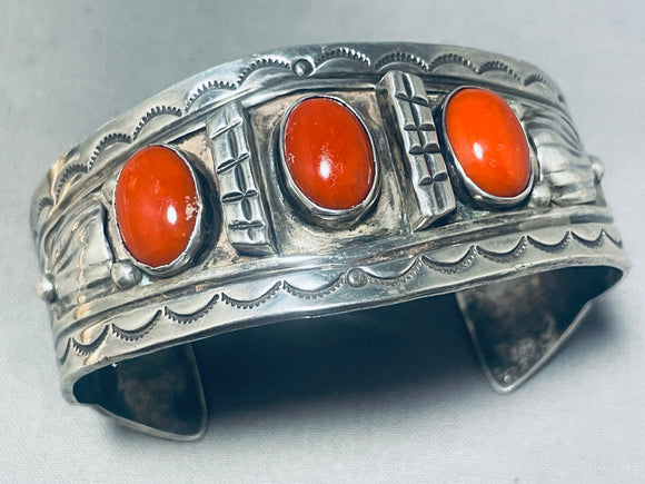 Woodson Family!! Vintage Native American Navajo Coral Sterling Silver Bracelet-Nativo Arts