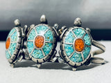 Intricate Turtles!! Vintage Native American Navajo Turquoise Sterling Silver Inlay Bracelet-Nativo Arts