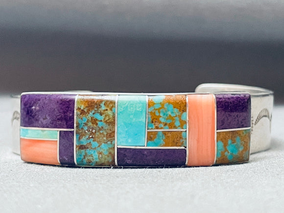 Intricate Inlay Vintage Native American Navajo Sterlign Silver Bracelet-Nativo Arts