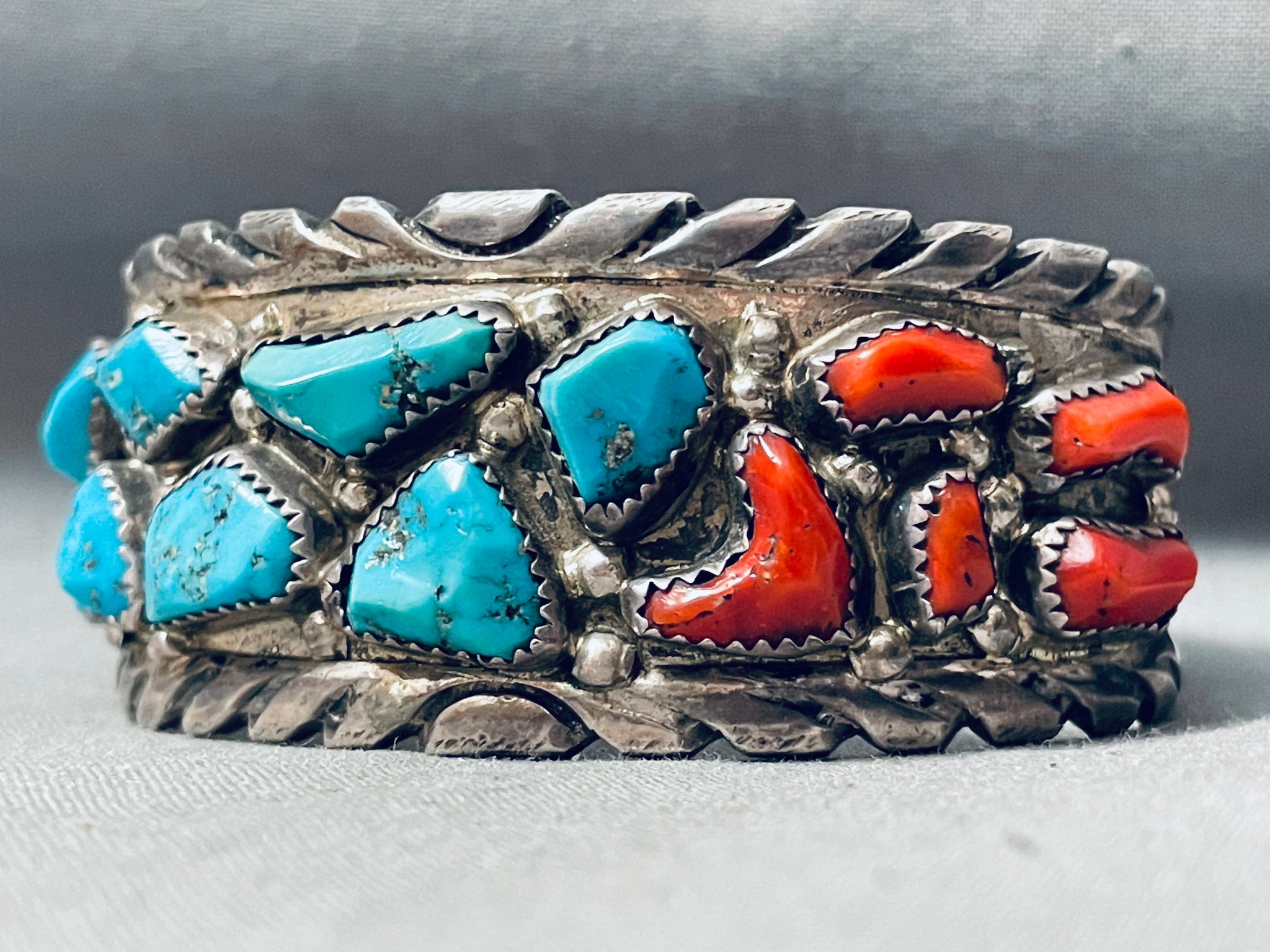 Chunky Turquoise Coral Vintage Native American Zuni Heavy Sterling