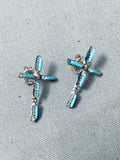 Fab Vintage Native American Zuni Needle Turquoise Sterling Silver Earrings-Nativo Arts
