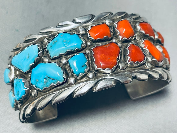 Chunks Of Stones Vintage Native American Zuni Coral Turquoise Sterling Silver Bracelet-Nativo Arts
