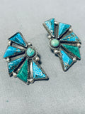 One Of A Kind Native American Navajo Turquoise Sterling Silver Fan Earrings-Nativo Arts