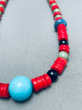 Native American Very Unique Santo Domingo Coral Turquoise Sterling Silver Necklace-Nativo Arts