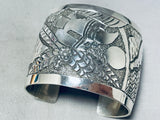 Enormous Signed Native American Navajo Textured Sterling Silver Eagle Dancer Bracelet-Nativo Arts