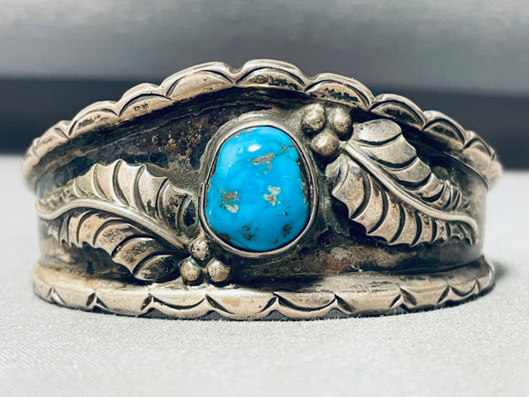 Gasp! Vintage Native American Navajo Morenci Turquoise Sterling Silver Leaf Bracelet-Nativo Arts