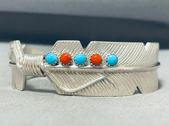 One Of The Most Detailed Native American Navajo Feather Turquoise Sterling Silver Bracelet-Nativo Arts