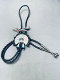 Most Unique Vintage Native American Zuni Turquoise Inlay Sterling Silver Bolo Tie-Nativo Arts