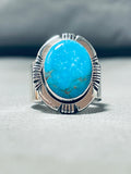Brilliant Native American Navajo Signed Kingman Turquoise Sterling Silver Nakai Ring-Nativo Arts