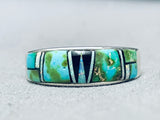 Size 13.5 Rare Vintage Native American Navajo Green Turquoise Inlay Sterling Silver Ring-Nativo Arts