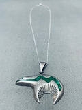 Fabulous Vintage Native American Navajo Inlay Malachite Bear Sterling Silver Necklace-Nativo Arts