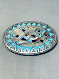 Amazing Vintage Native American Zuni Inlay Blue Gem Turquoise Jet Rainbow Man Silver Buckle-Nativo Arts