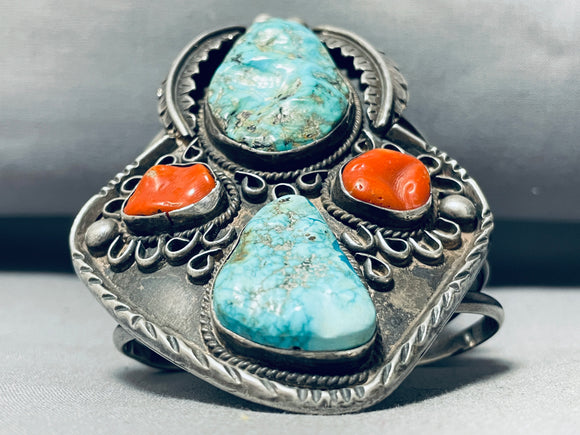 Huge Cross Coral Vintage Native American Navajo Turquoise Sterling Silver Bracelet-Nativo Arts