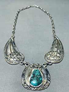 Heavy Southwestern Vintage Turquoise Sterling Silver Leaf Necklace-Nativo Arts