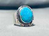Brilliant Native American Navajo Signed Kingman Turquoise Sterling Silver Nakai Ring-Nativo Arts
