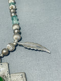 Divine Native American Navajo Jade Sterling Silver Feathers Large Cross Necklace-Nativo Arts