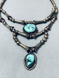 Early 1900s Vintage Native American Navajo Tiered Turquoise Sterling Silver Necklace