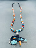 Super Intricate Native American Navajo Bear Turquoise Inlay Sterling Silver Necklace-Nativo Arts