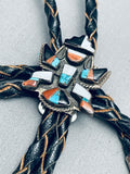Rare Vintage Zuni Turquoise Inlay Thunderbird Sterling Silver Bolo Tie-Nativo Arts