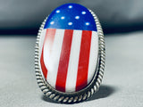 Calvin Desson Native American Navajo Coral Lapis Sterling Silver American Flag Ring-Nativo Arts
