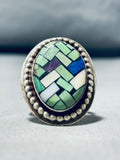 One Of The Most Intricate Vintage Native American Navajo Green Turquoise Sterling Silver Ring-Nativo Arts