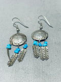 Unique Vintage Native American Navajo Turquoise Sterling Silver Shields Feathers Earrings-Nativo Arts