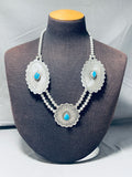 Noteworthy Native American Navajo Blue Gem Turquoise Sterling Silver Signed Necklace-Nativo Arts