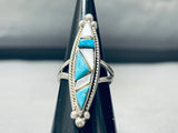 Native American Gorgeous Vintage Zuni Turquoise Inlay Sterling Silver Ring Old-Nativo Arts