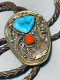 Justin Morris Vintage Native American Navajo Morenci Turquoise Gold Filled Bolo Tie-Nativo Arts