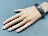 Hand Stamped Intricate Feather Vintage Native American Navajo Sterling Silver Bracelet-Nativo Arts