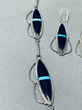 Inlaid Jet Turquoise Vintage Native American Navajo Sterling Silver Pendant Necklace Set