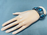 Chunky Vintage Native American Navajo Morenci Turquoise Sterling Silver Leaf Bracelet-Nativo Arts