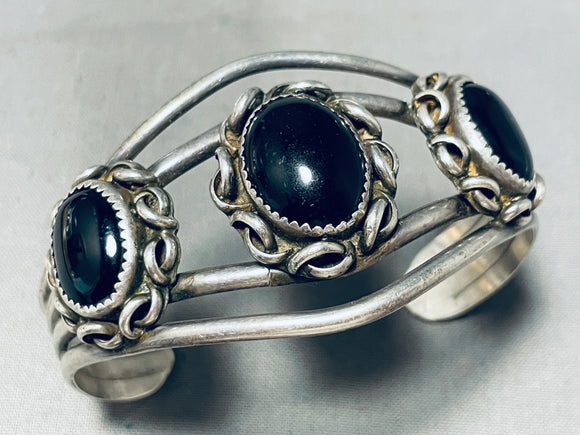 Signed Vintage Native American Navajo Black Onyx Sterling Silver Bracelet-Nativo Arts